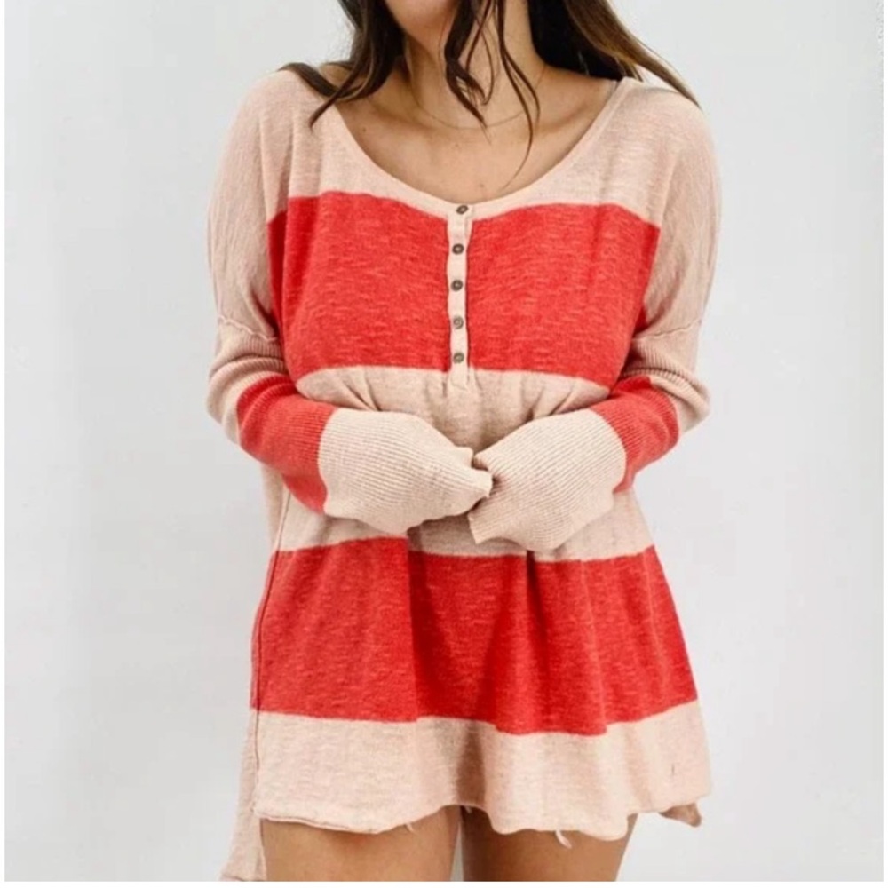 Free People Beach Striped Gold Rush linen Henley Sweater Pink oversized small